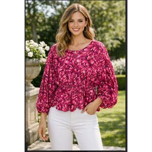 565 Floral Puff Sleeve Romantic Valentine Top Elastic Waist Peplum Long Sleeve